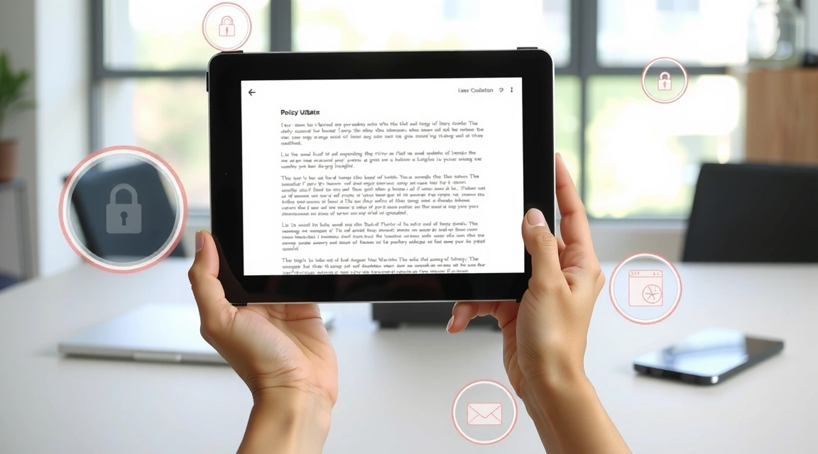 A person reviewing a digital document on a tablet, with privacy and security icons floating around, symbolizing policy updates and user protection