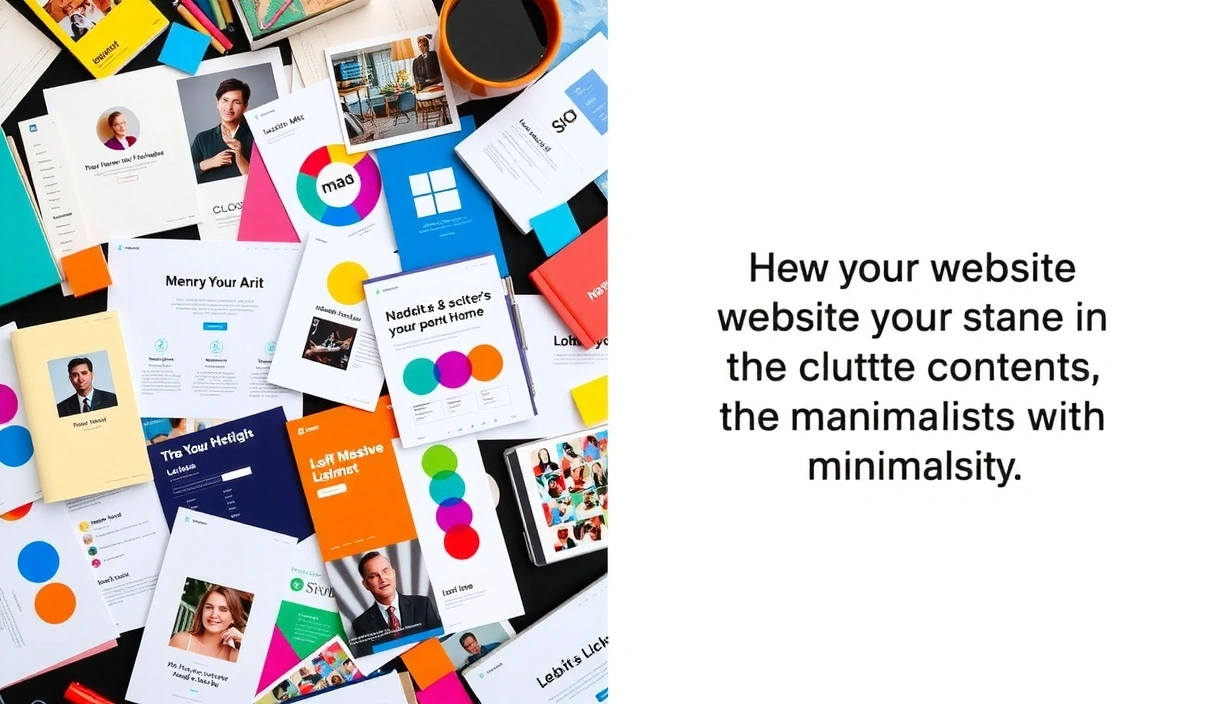A split screen image showing the evolution from a cluttered website design to a clean, minimalist version. The left side is busy with many elements, while the right side is simplified with ample white space, clear navigation, and focused content.