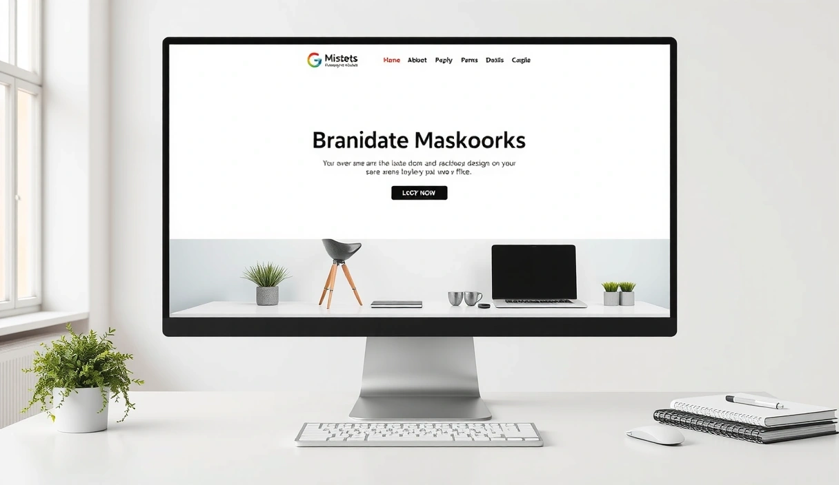 A clean, minimalist website design on a desktop monitor, showcasing ample white space, simple typography, and a clear call-to-action button, with a subtle plant in the background for warmth.