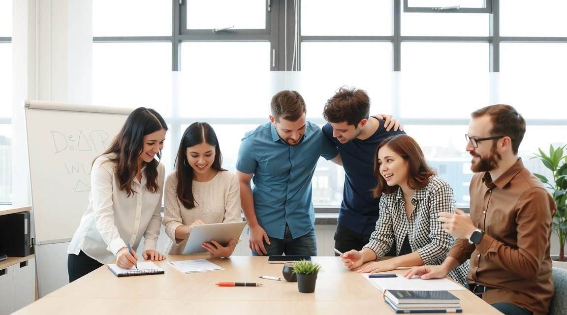 A team of creative professionals collaborating around a large table, sketching ideas on a whiteboard and discussing a design project.