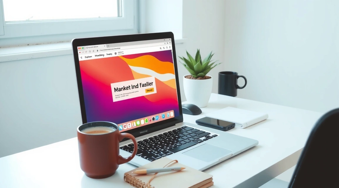 A modern desk setup with a laptop displaying a vibrant website, a coffee cup, and a notebook, suggesting creative work environment.