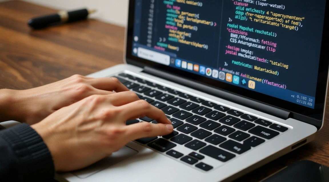 Hands typing on a keyboard with code snippets visible on a screen, representing web development and coding.