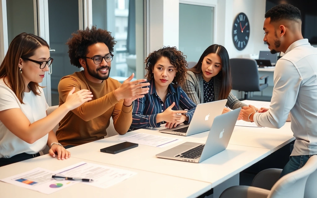 A diverse team collaborating around a table, actively discussing a project with laptops and documents