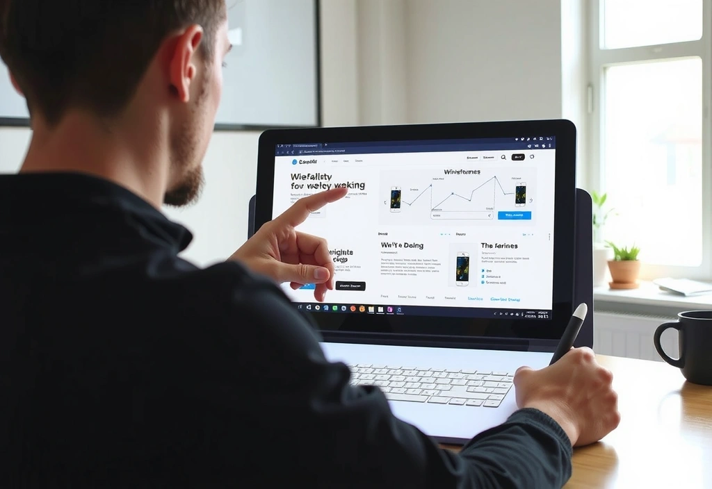 A designer working on a tablet, creating wireframes and mockups for a website