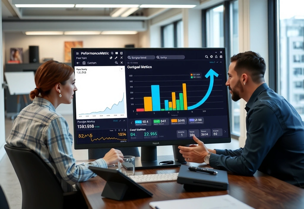 A team discussing data analytics on a large screen, showing graphs and performance metrics