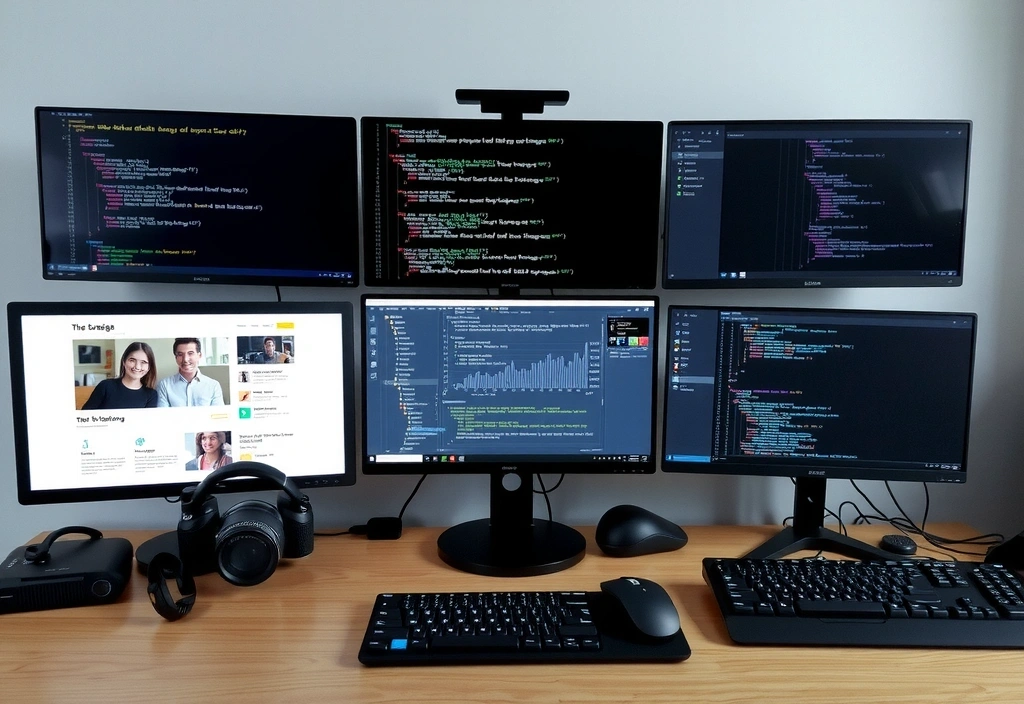 A developer's desk with multiple monitors displaying code, charts, and website layouts