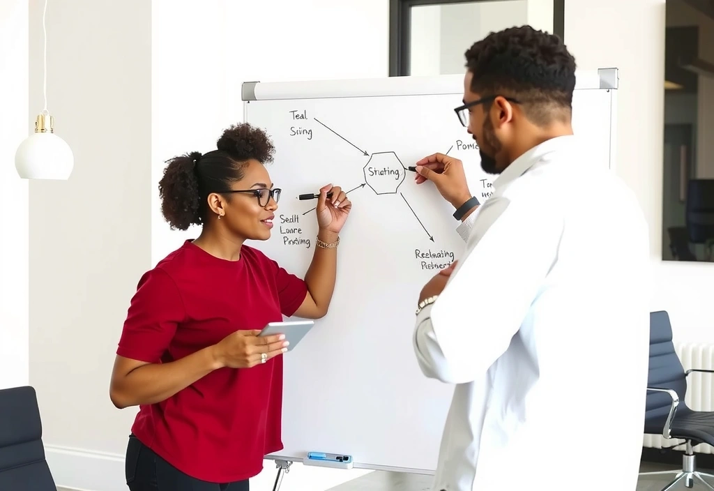 Two people collaborating on a whiteboard, sketching ideas and mapping out a strategy